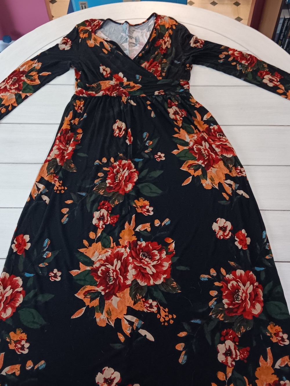 Black Floral Wrap Maxi Dress with Red & Orange Blooms with Pockets